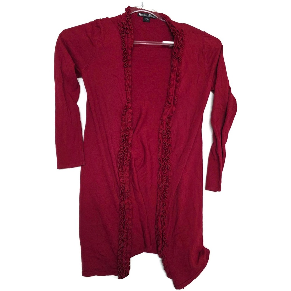 Michelle Nicole Cardigan Sweater Womens Large Red Ruffle Open Front Longline